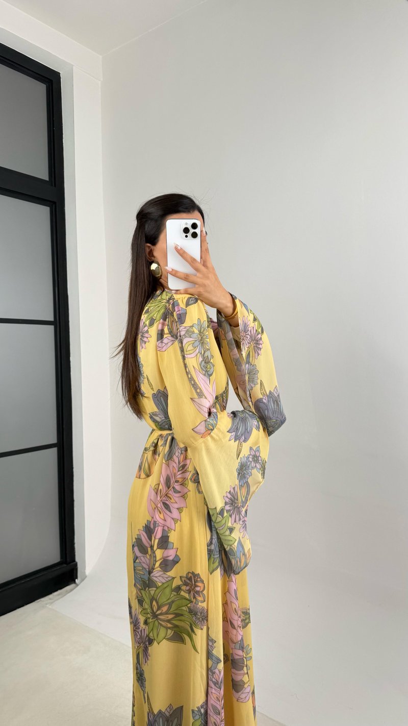 Sarı Çiçek Desenli Kuşaklı Kolu Volanlı Astarlı Şifon Elbise GAUS-00105