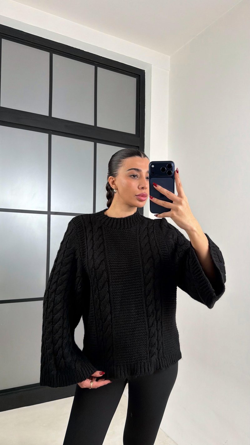 Siyah Saç Örgülü Pinterest Kazak GAUS-00711