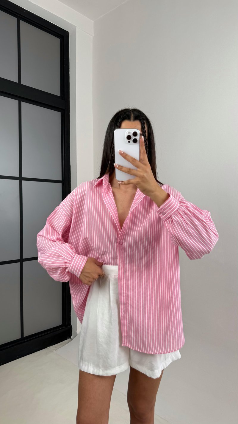 Pembe Beyaz Çizgili Basic Keten Gömlek Gaus00558