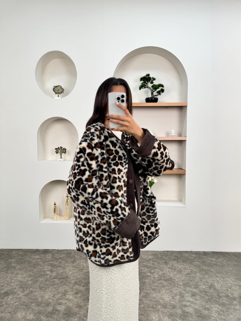 Tirel Kahve Leopar Desenli Peluş Tasarım Ceket