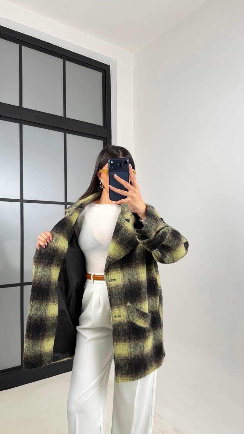 Yeşil Kareli Astarlı Cepli Tasarım Kaban GAUS-00804