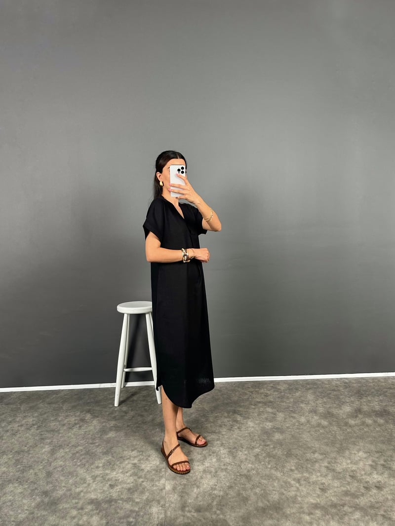 Anita Siyah V Yaka Premium Midi Keten Elbise