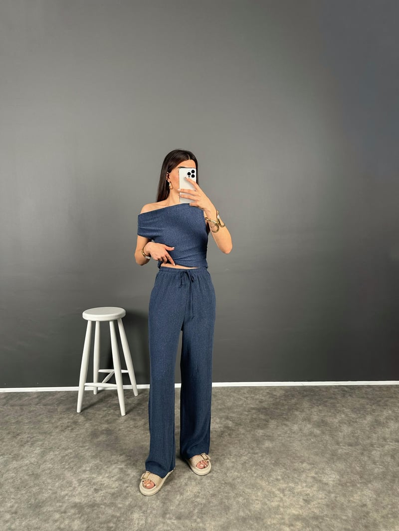 Zr Model Mavi Büzgülü Omuz Dekolteli İkili Takım