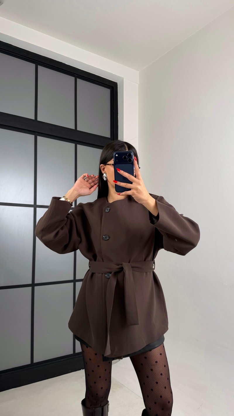 Acı Kahve Astarlı Kemerli Muadil Ceket GAUS-00990