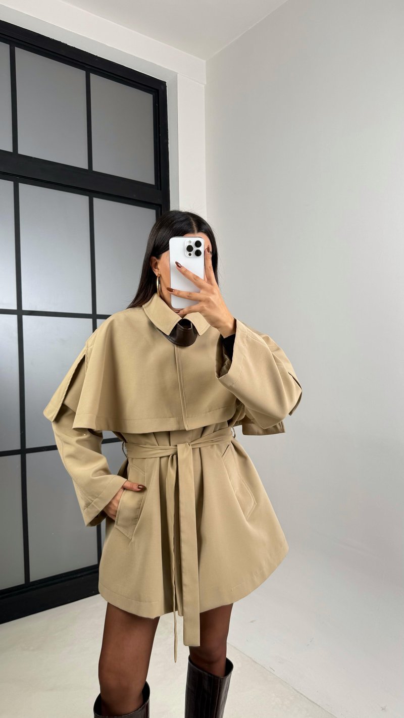 Camel Yaka Deri Detaylı Tasarım Pelerin Trençkot GAUS-00484