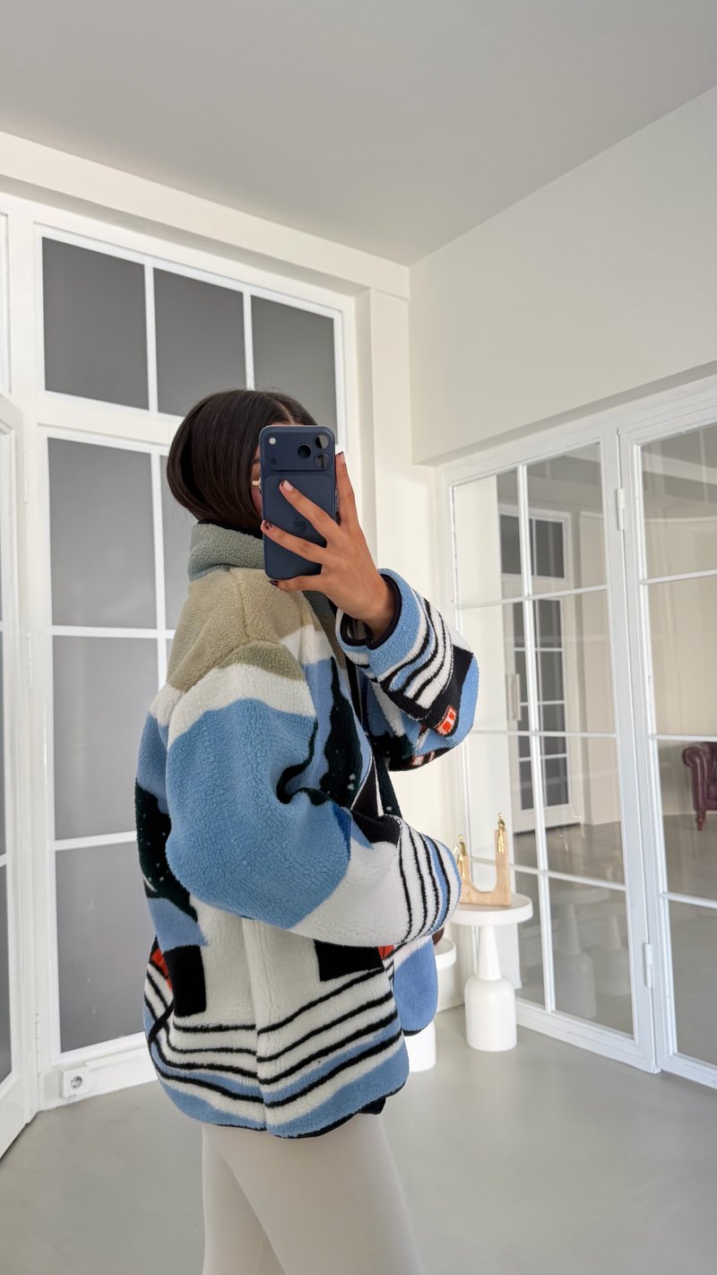 Mavi Ev Desenli Fermuarlı Polar Sweatshirt GAUS-01916 GAUS-01929