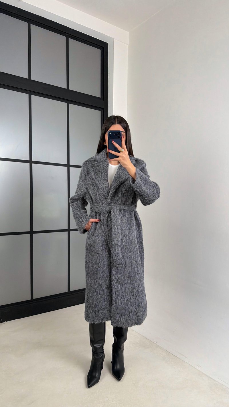 Antrasit Astarlı Kuşaklı Oversize Kürk Kaban GAUS-00543