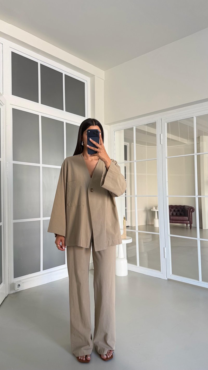 Vizon Kimono Beli Lastikli Pantolon İkili Keten Takım GAUS-01491