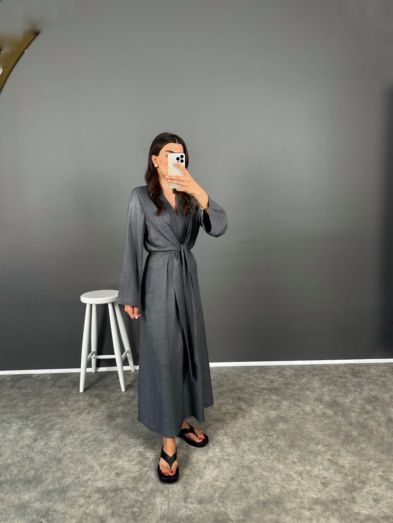Aury Gri Önden Bağlamalı Pinterest Keten Elbise
