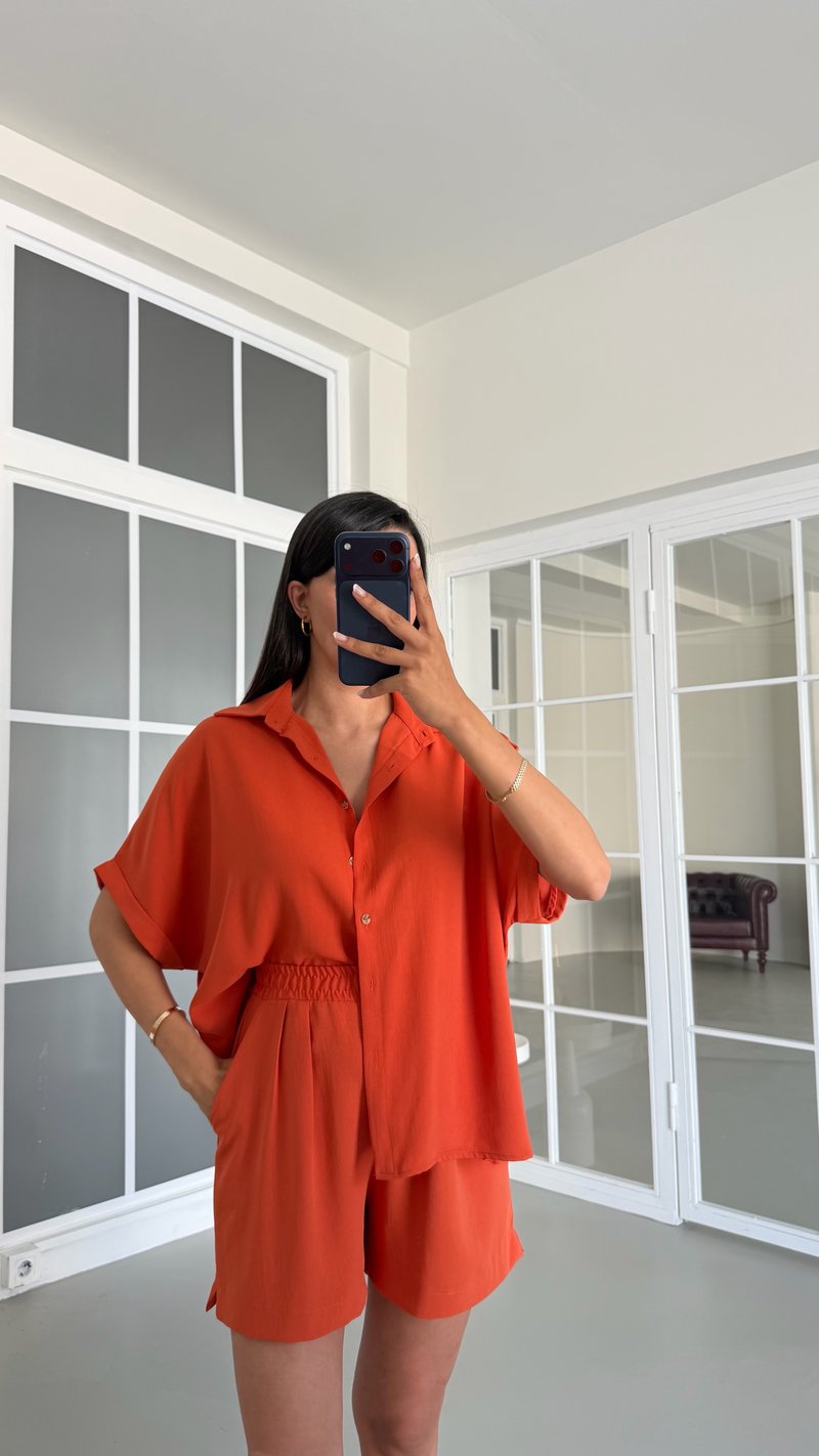 Turuncu Gömlek Beli Lastikli Şort Basic Takım GAUS-01721