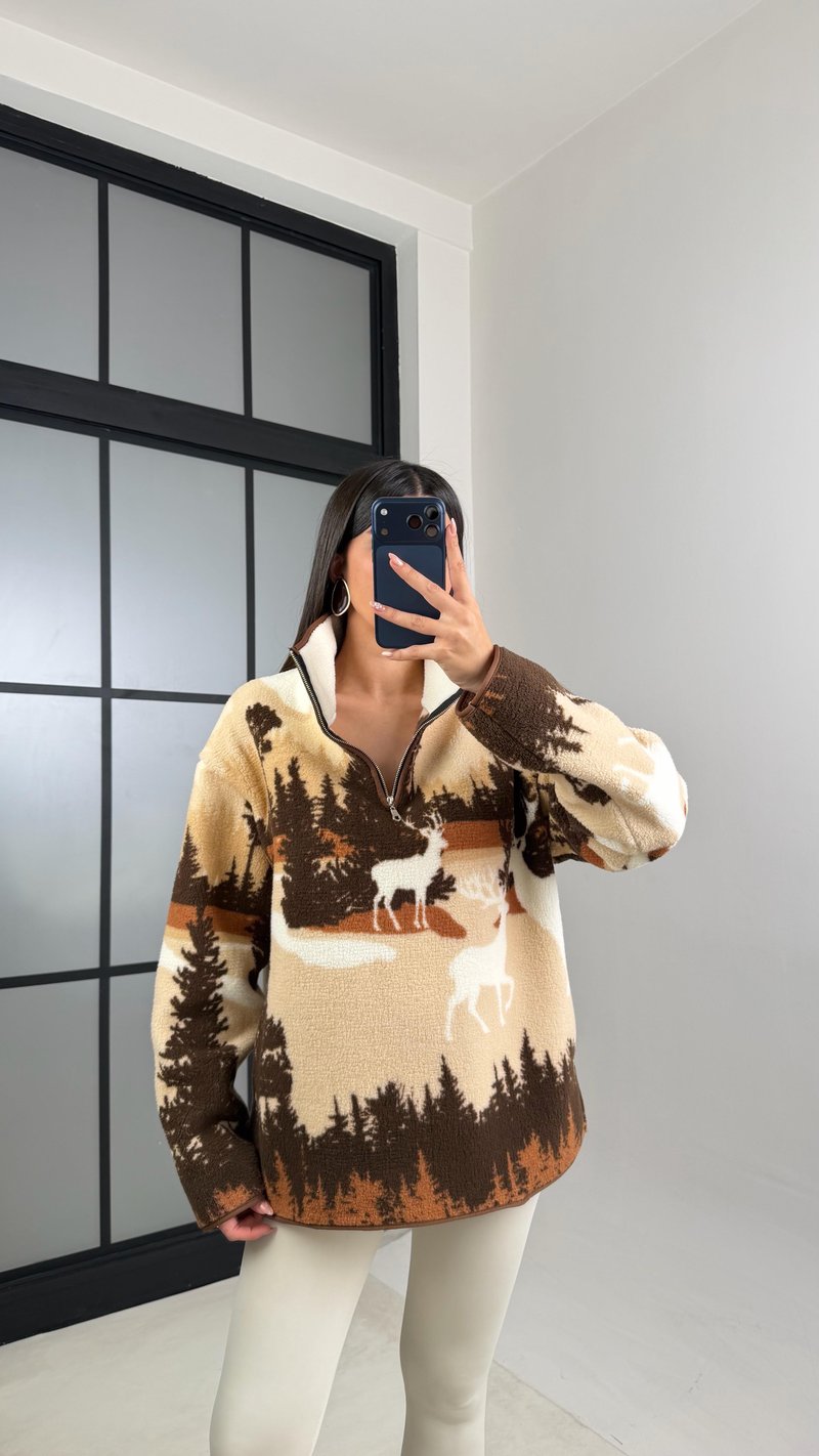 Kahve Fermuarlı Geyik Desenli Polar Sweatshirt GAUS-00870 GAUS-00723