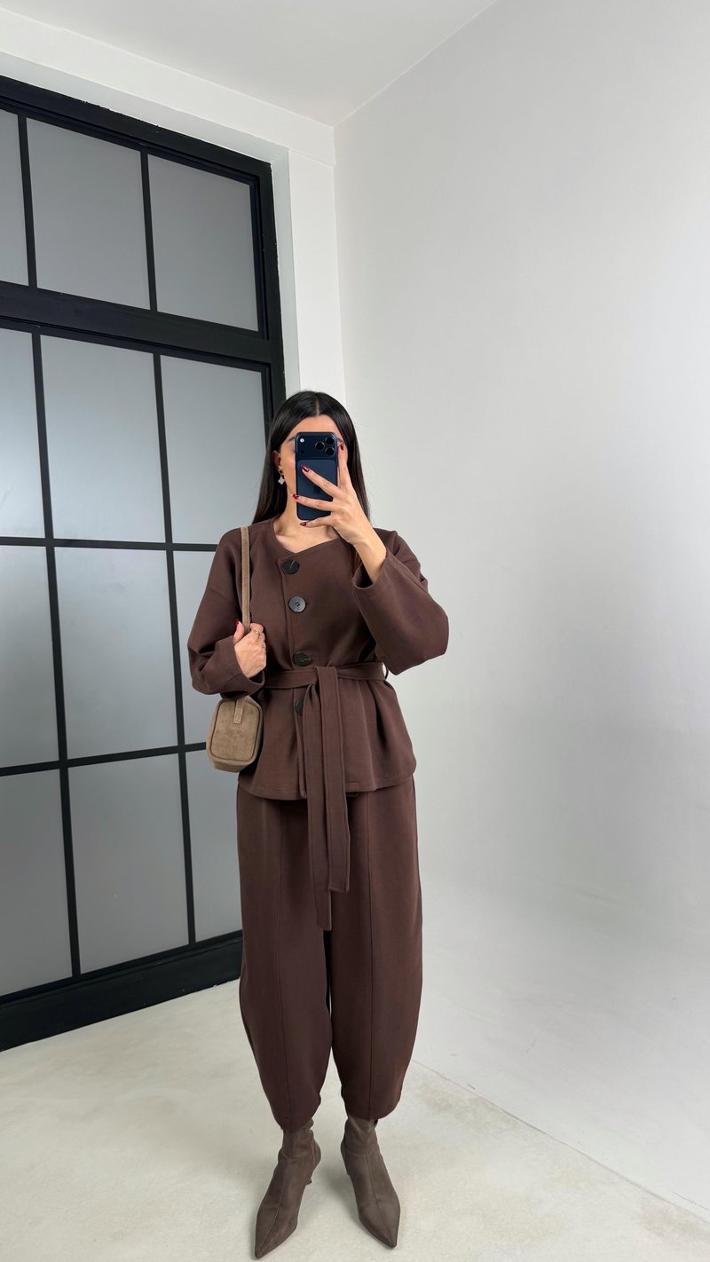 Kahve Düğmeli Kuşaklı Ceket Beli Lastikli Şalvar İkili Premium Selanik Takım GAUS-00777