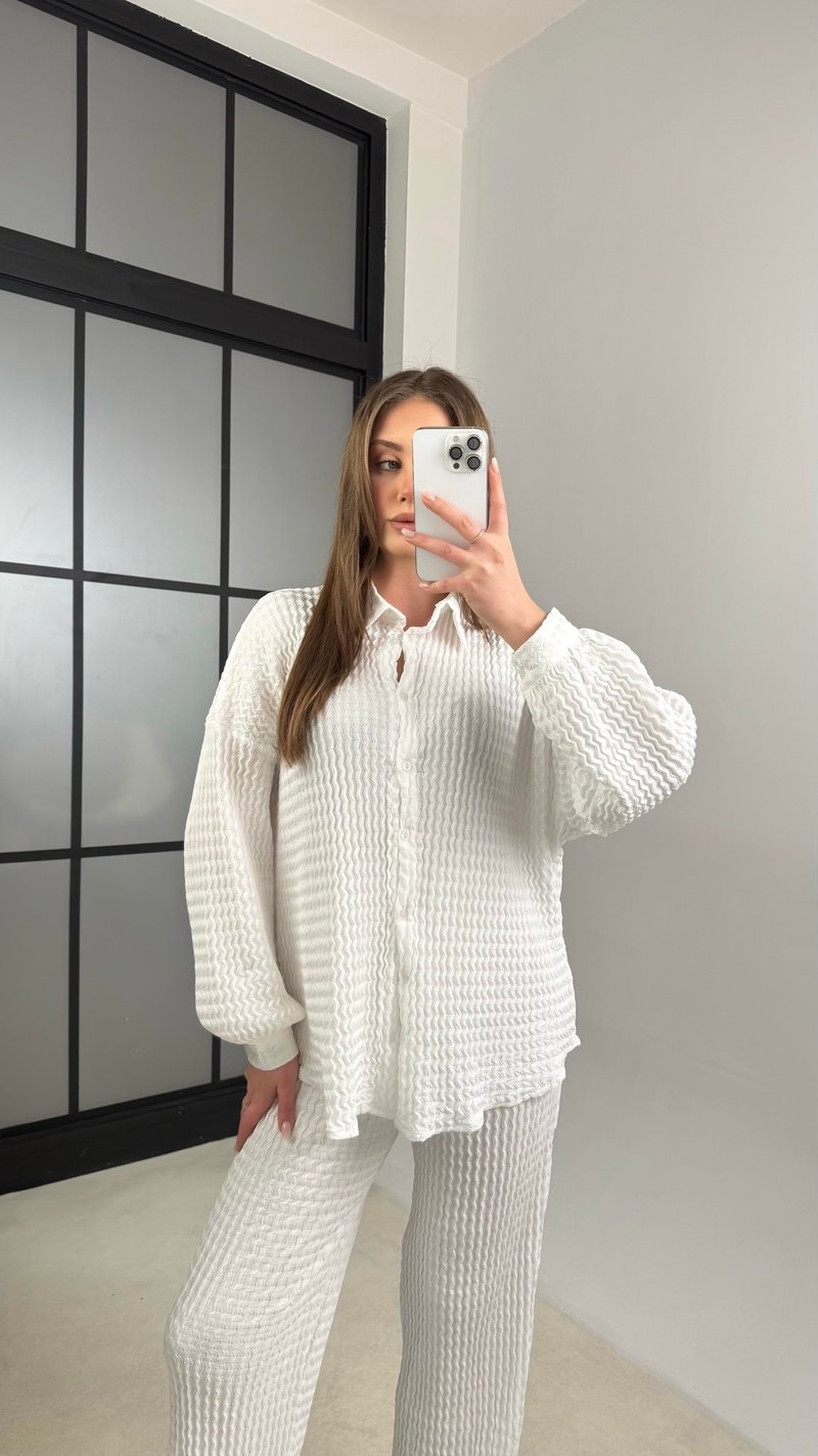 Beyaz Gömlek Beli Lastikli Pantolon İkili Bürümcük Takım GAUS-01089