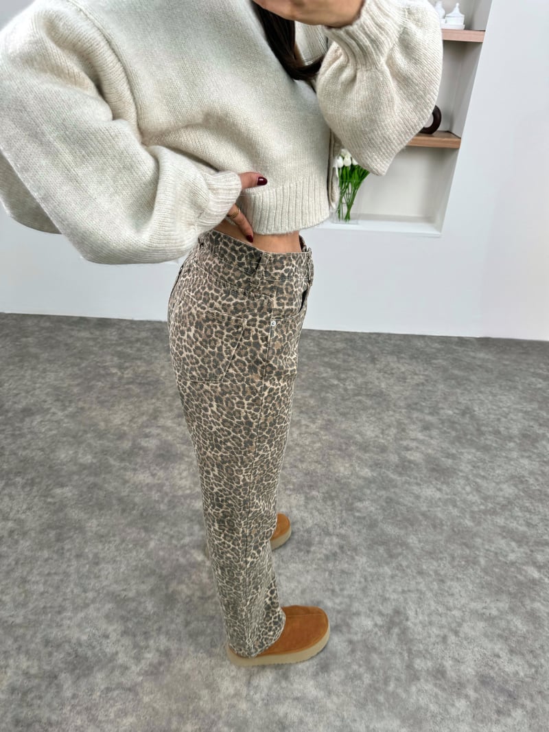 Erva Leopar Desenli Denim Pantolon