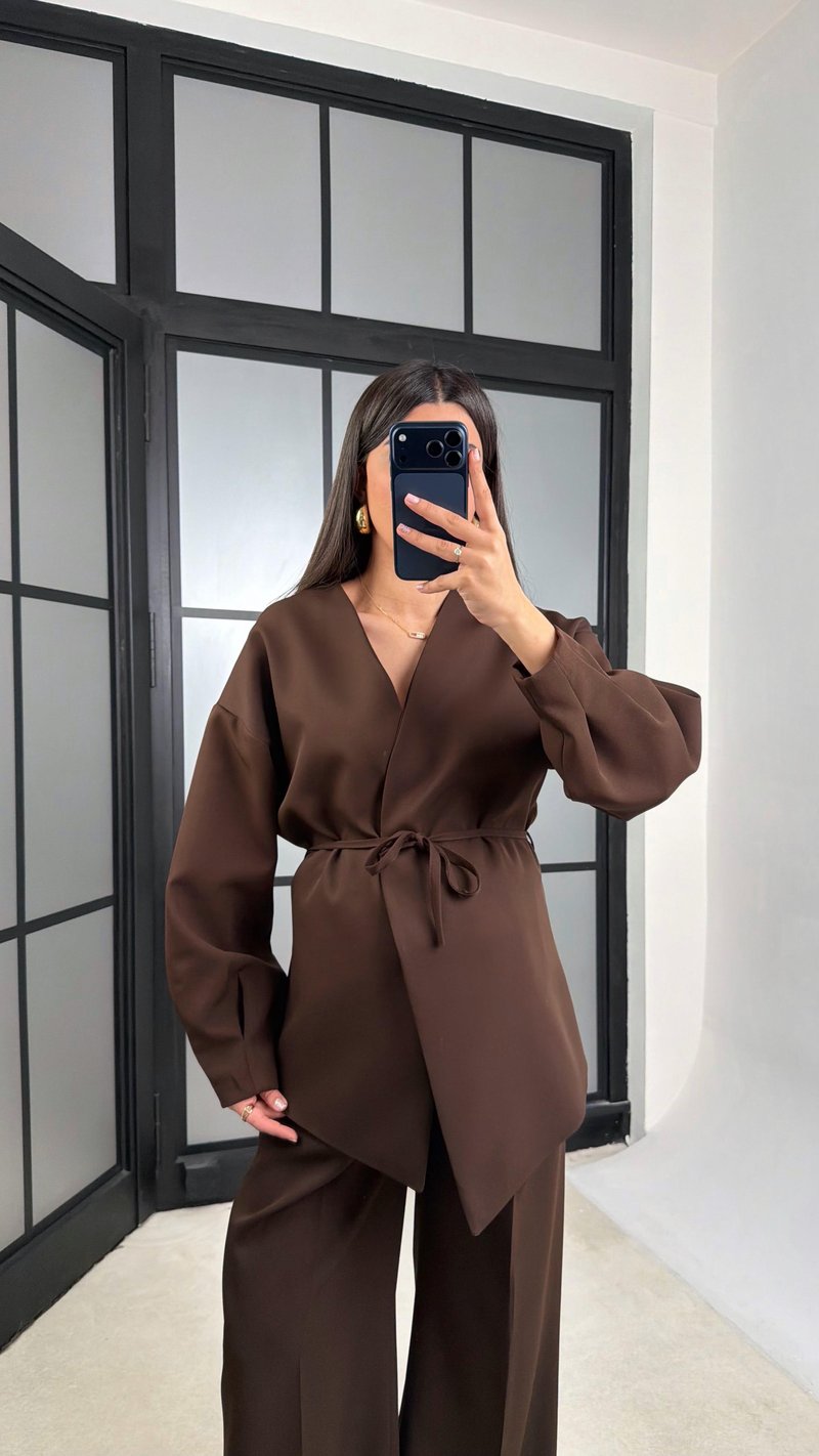 Kahve Belden Kuşaklı Ceket Beli Lastikli Pantolon İkili Takım GAUS-01206