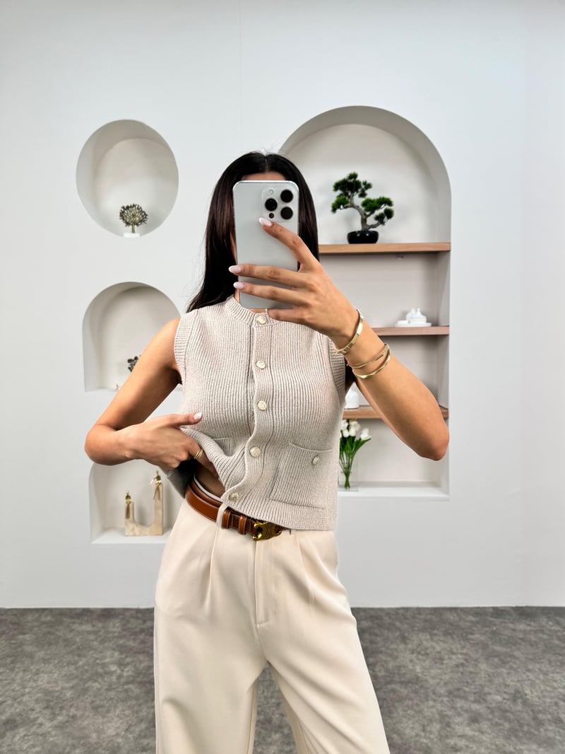 Juli Vizon Gold Düğmeli Örme Yelek