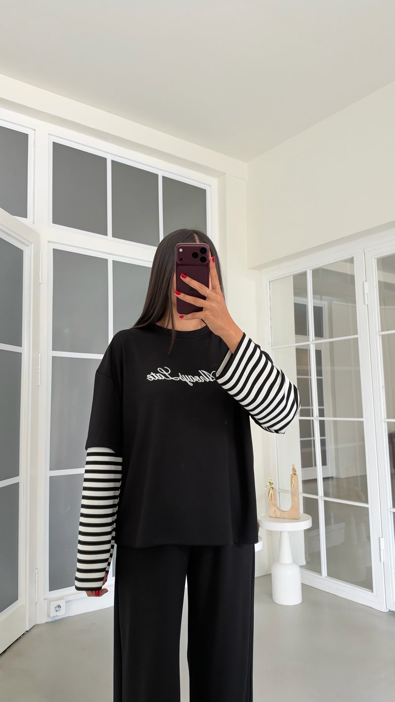 Siyah Kolu Şeritli Tshirt Beli Lastikli Pantolon İkili Modal Takım GAUS-02227