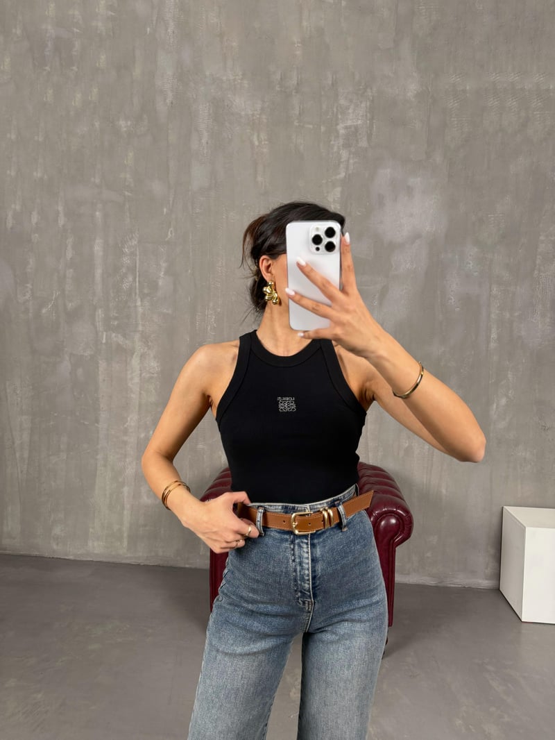 Siyah Taş Baskılı Sıfır Kol Tshirt Gaus00046