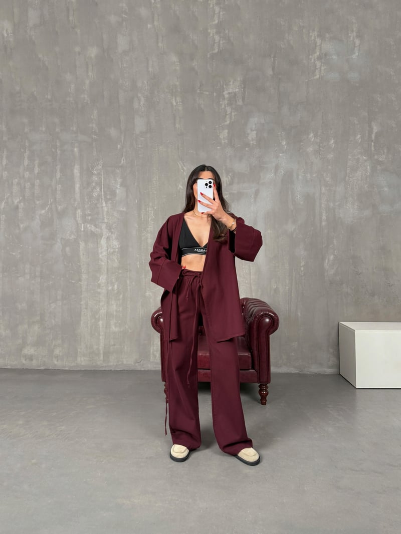 Rozali Bordo Gabardin Kimono İkili Takım