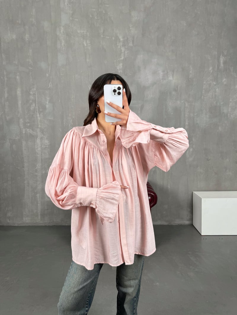 Kali Pembe Büzgülü Oversize Gömlek