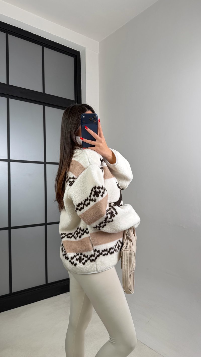 Vizon Fermuarlı Geyik Desenli Polar Sweatshirt GAUS-00723 GAUS-01022