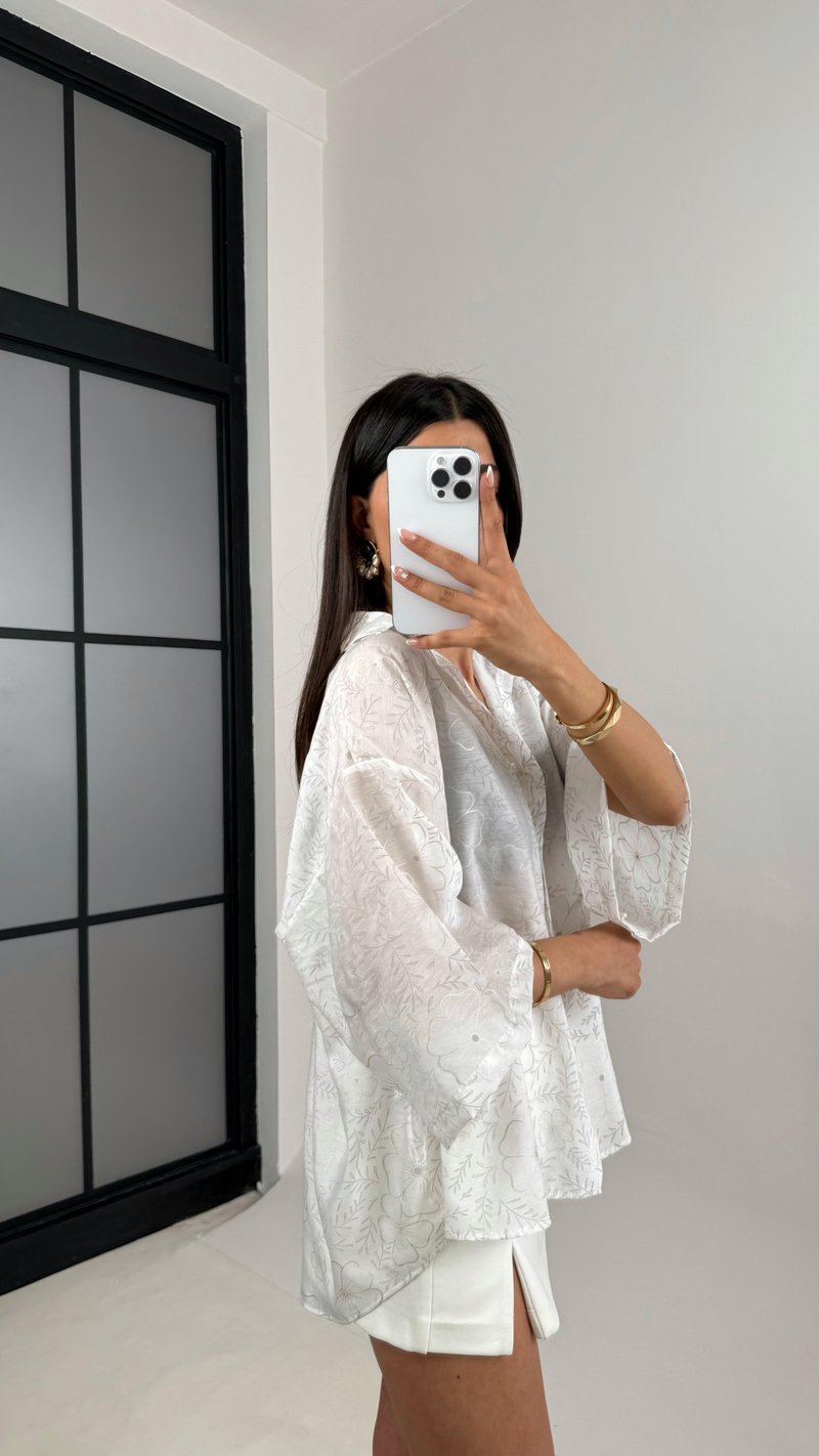 Beyaz Çiçek Desenli Tencel Gömlek Gaus00544
