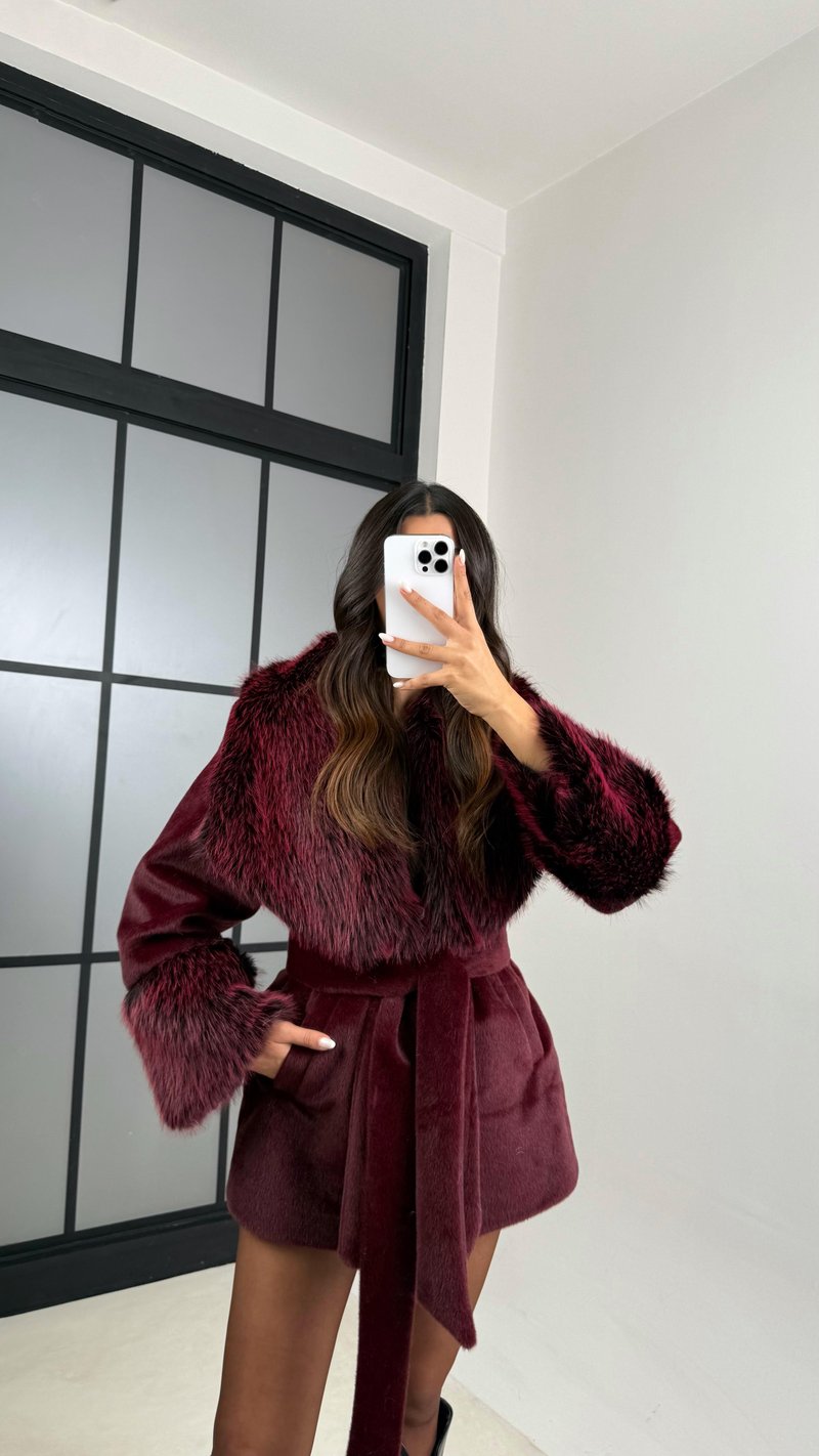 Bordo Kürk Detaylı Astarlı Kaşe Kaban GAUS-00559