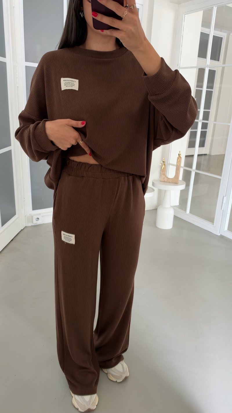 Kahve Kazak Beli Lastikli Pantolon İkili  Fitilli Triko Kumaş Takım GAUS-02300