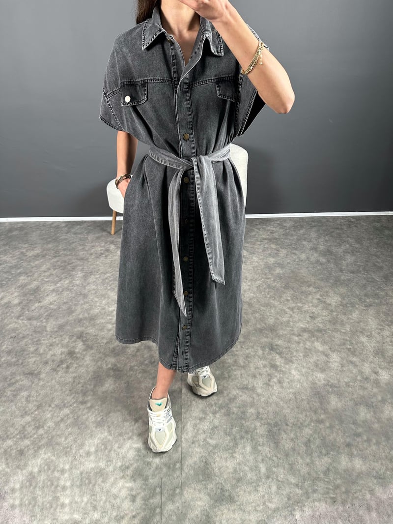 Vogi Füme Premium Kalite Oversize Uzun Kemerli Kot Elbise 