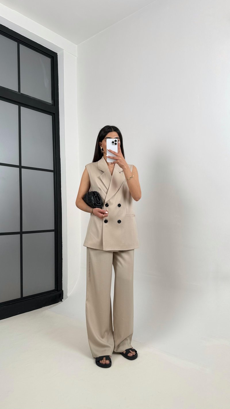 Taş  Önü Düğmeli Astarlı Yelek Beli Lastikli Pantolon Tencel Premium Takım Gaus00366