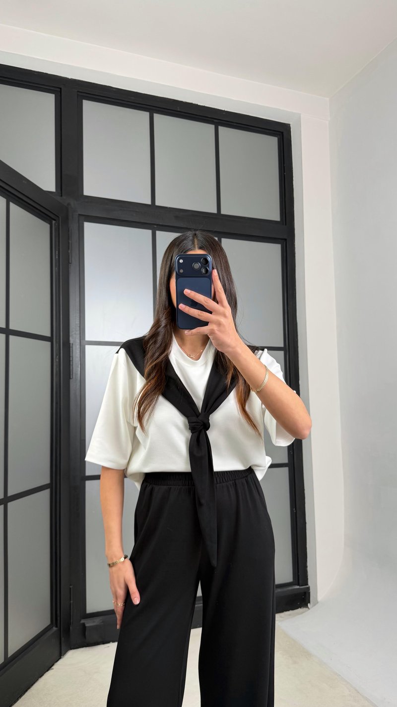 Siyah Şal Detaylı Basic Tshirt Beli Lastikli Pantolon İkili Eşofman Takımı GAUS-01284