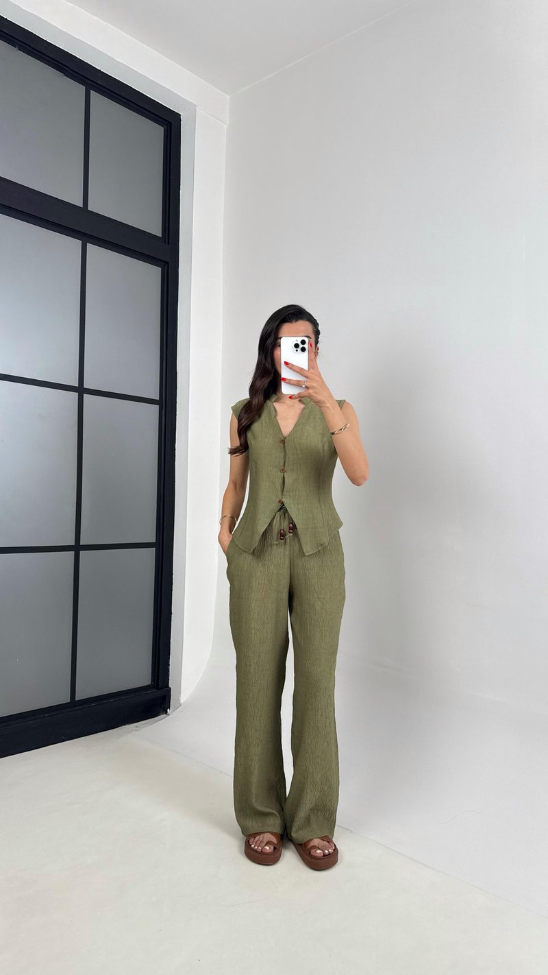 Haki Önü Düğmeli Yelek Beli Lastikli Pantolon Gofre Takım Gaus00454