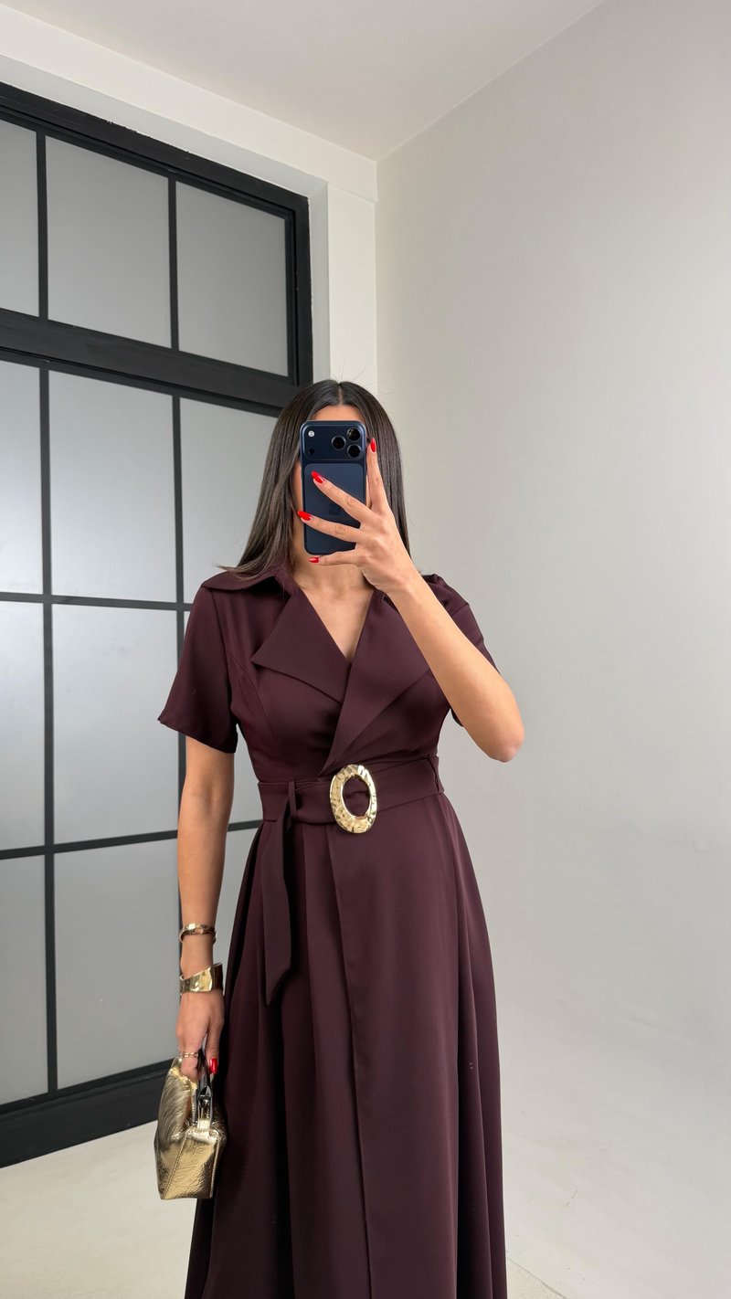 Mürdüm Gold Toka Kuşaklı Krep Kumaş Uzun Elbise GAUS-00974