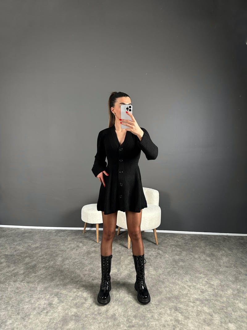Lole Siyah Düğmeli Triko Mini Elbise 