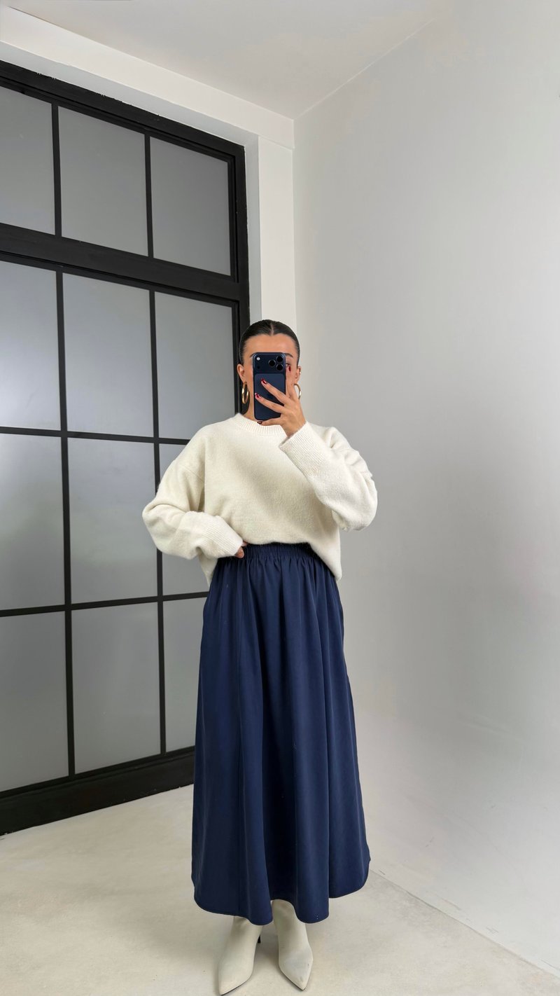 Lacivert Beli Lastikli Cepli Tencel Etek GAUS-00670