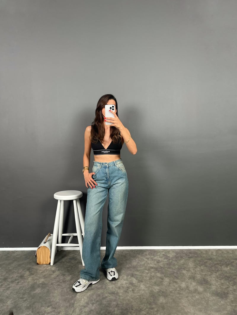 Davy Mavi Eskitme Yıkamalı Wide Leg Jean 