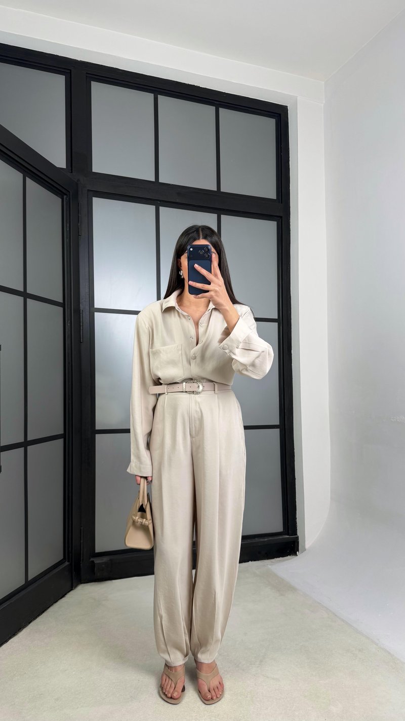 Taş Vatkalı Gömlek Kemerli Pantolon İkili Tencel Takım GAUS-01319