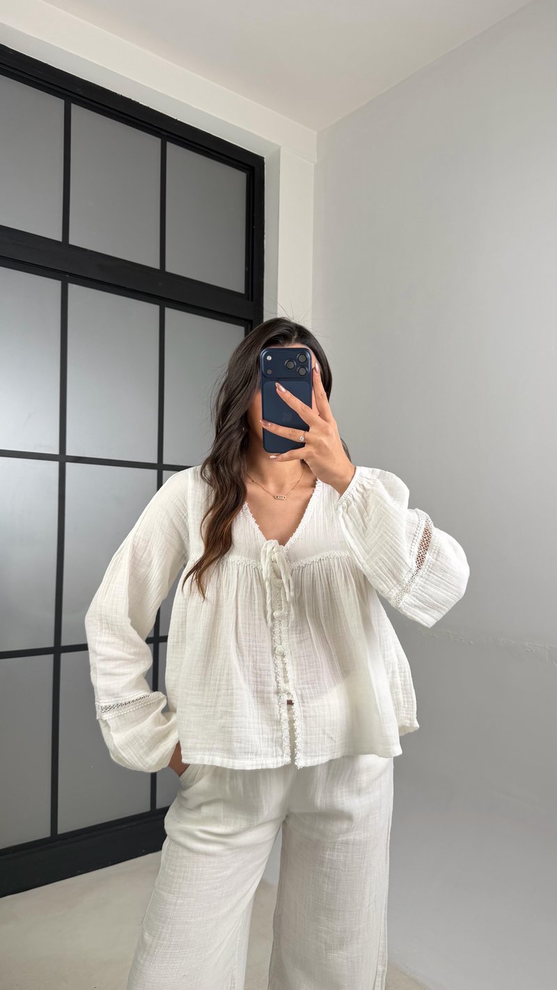 Ekru İşlemeli Müslin Bluz GAUS-01151