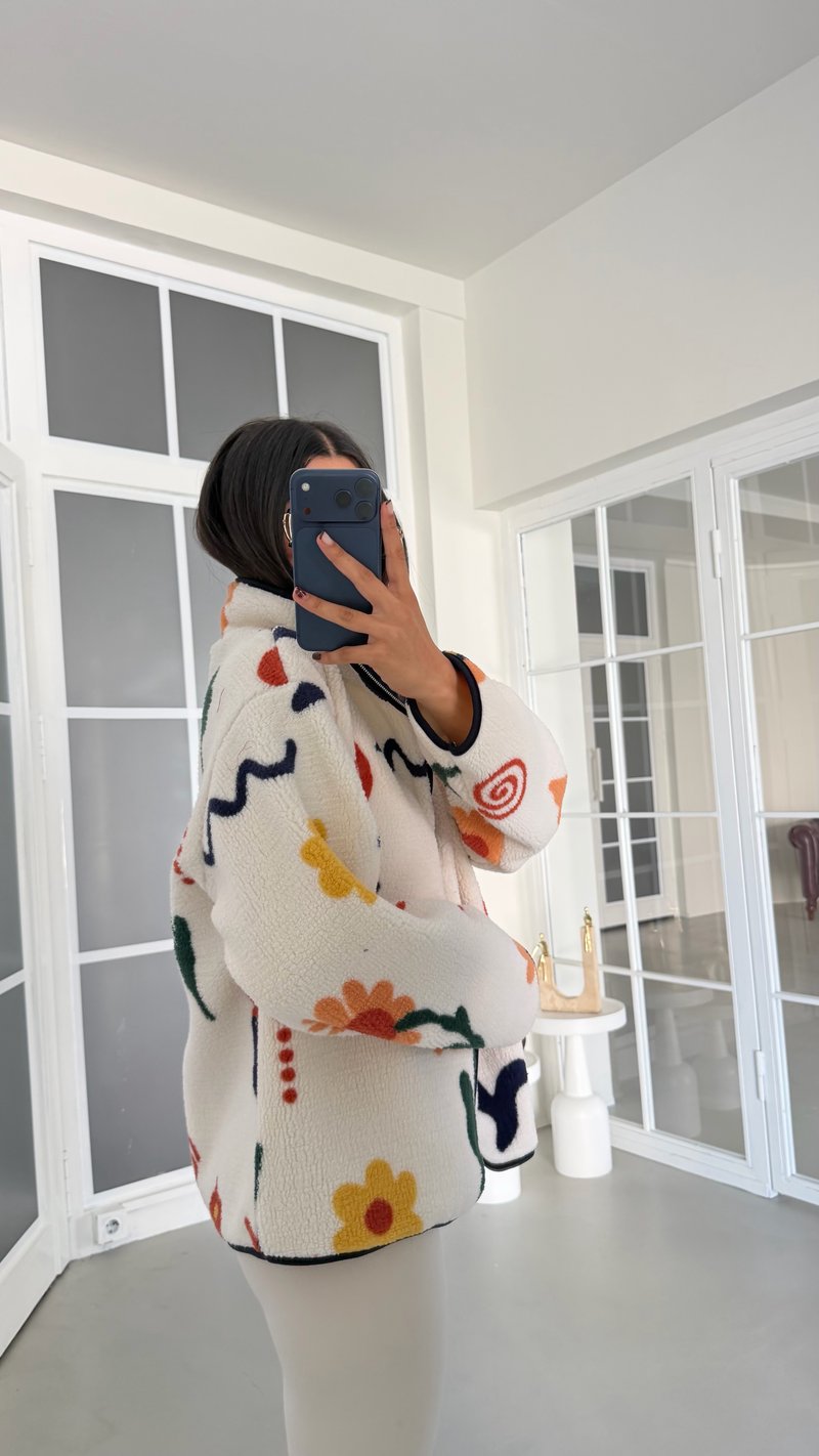 Çok Renkli Çiçek Desenli Fermuarlı Polar Sweatshirt GAUS-01916 GAUS-01930
