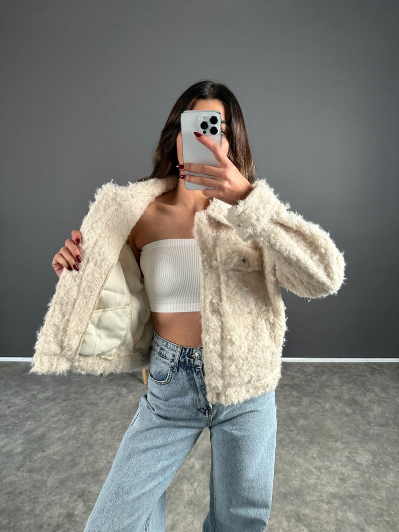 Ekru Peluş Yumoş Mont 