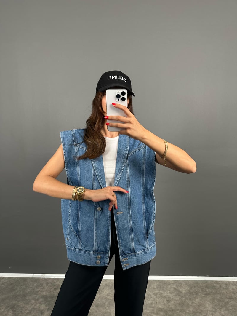 Move Mavi Denim Kol Detaylı Düğmeli Tasarım Kot Yelek 