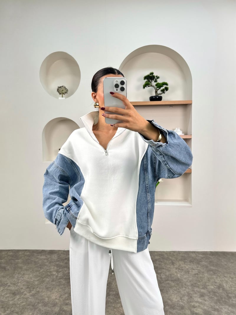 Mw Beyaz Denim Detaylı Fermuarlı Sweatshirt