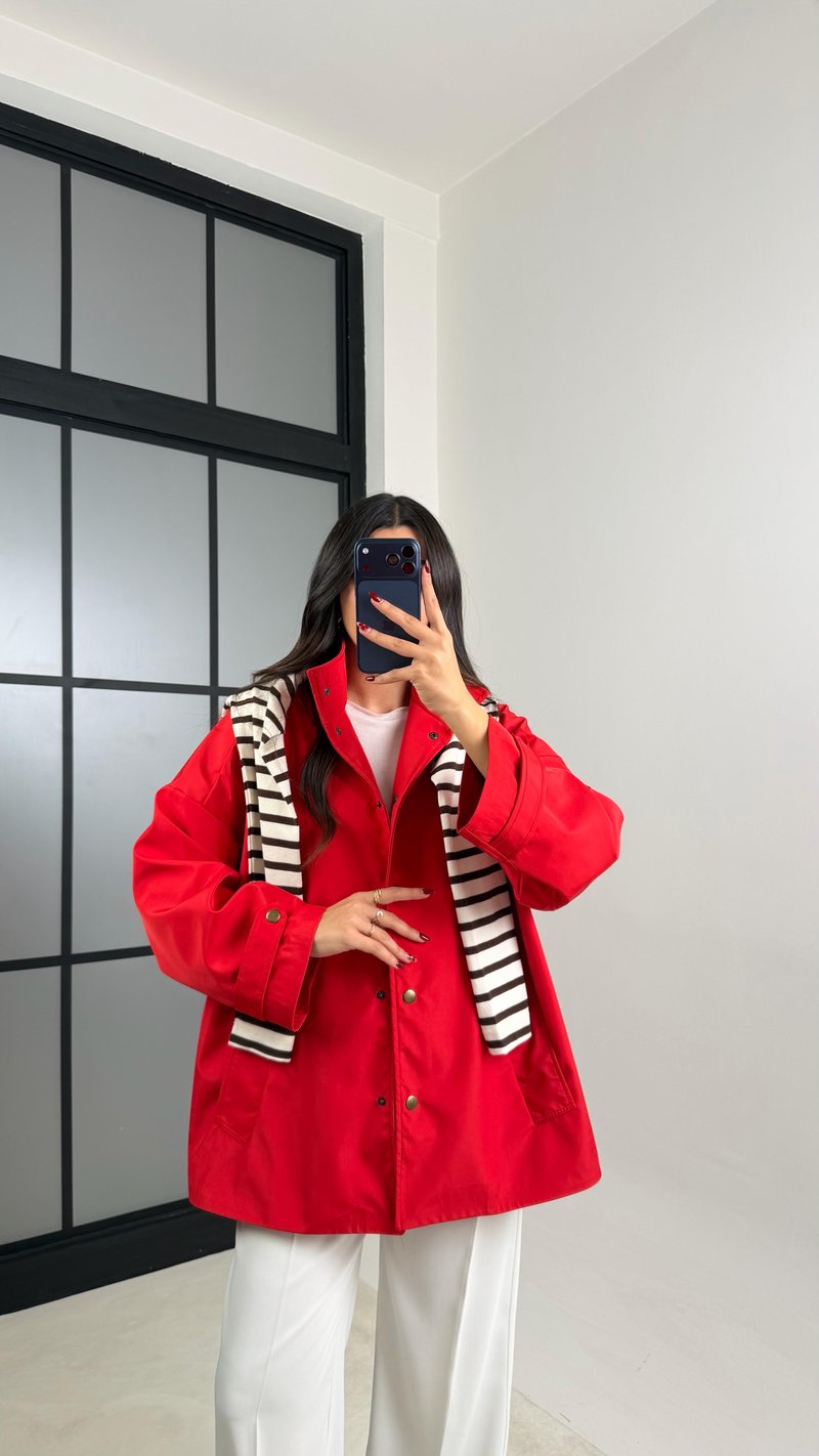 Kırmızı Çıtçıt Düğmeli Astarlı Oversize Premium Ceket GAUS-00794