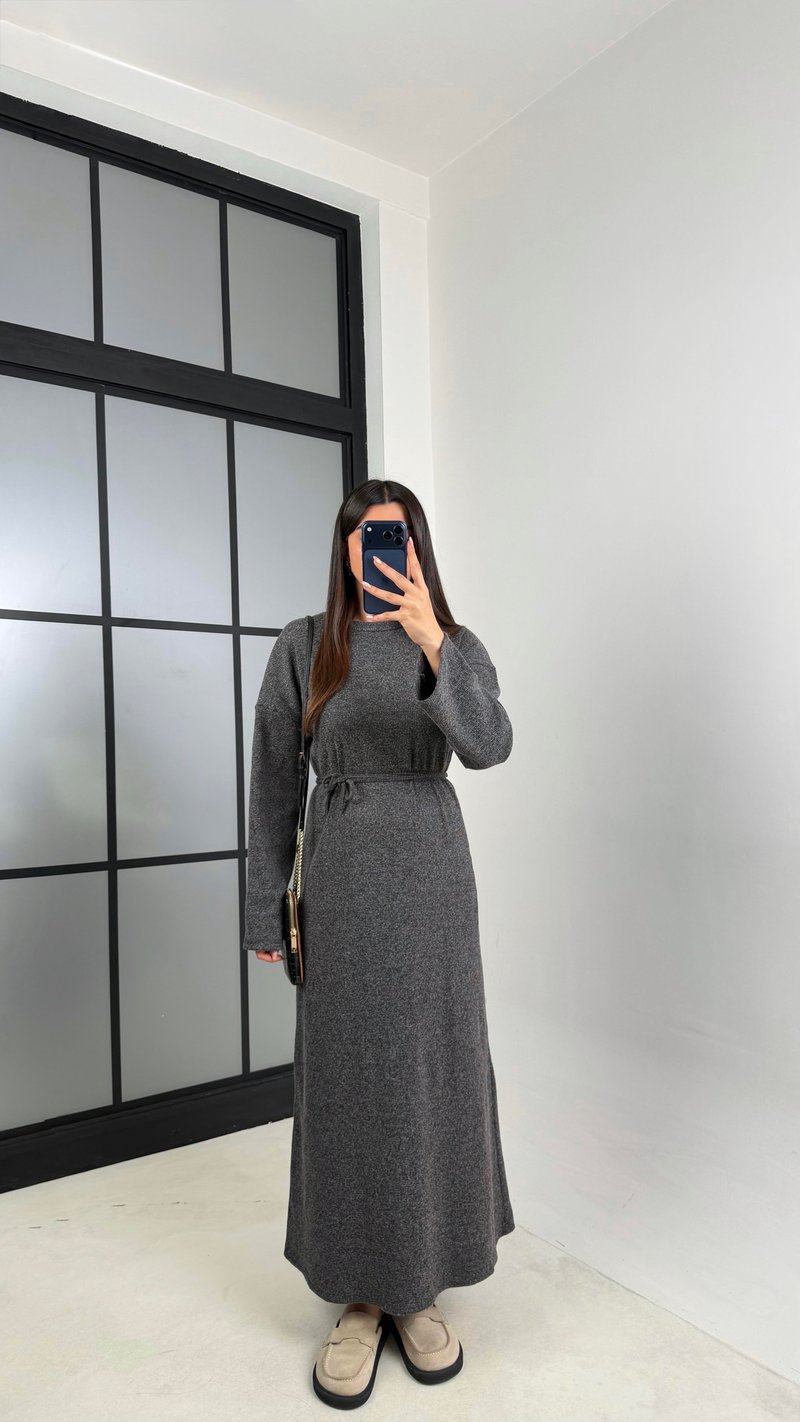 Antrasit Kuşaklı Uzun Triko Elbise GAUS-00802