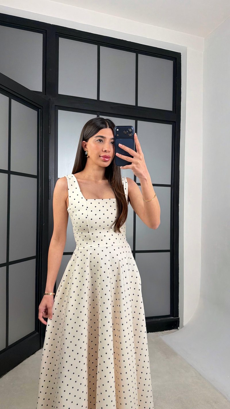Krem Kuşaklı Puantiye Desenli Elbise GAUS-01372