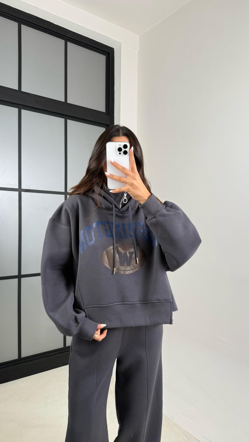 Antrasit Kapüşonlu Sweatshirt Beli Lastikli Pantolon 3 İplik Şardonlu Takım GAUS-00530