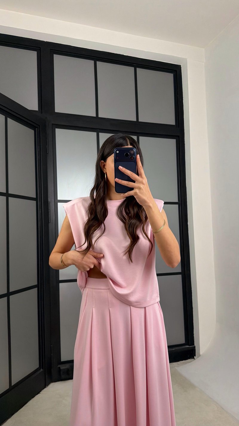 Pembe Vatkalı Bluz Cepli Etek İkili Modal Takım GAUS-01311