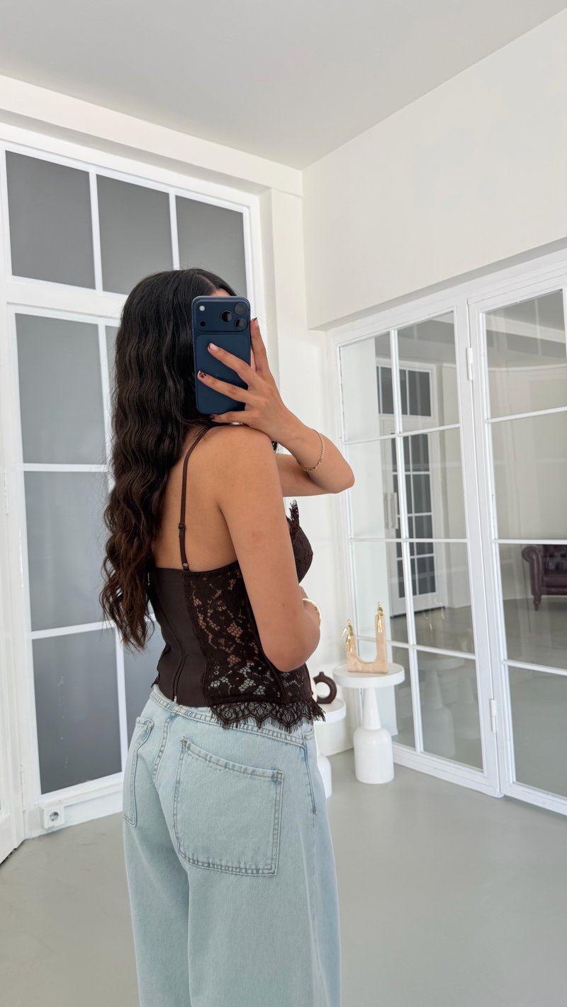 Kahve Dantelli Askılı Sırtı Lastikli Korse GAUS-01923