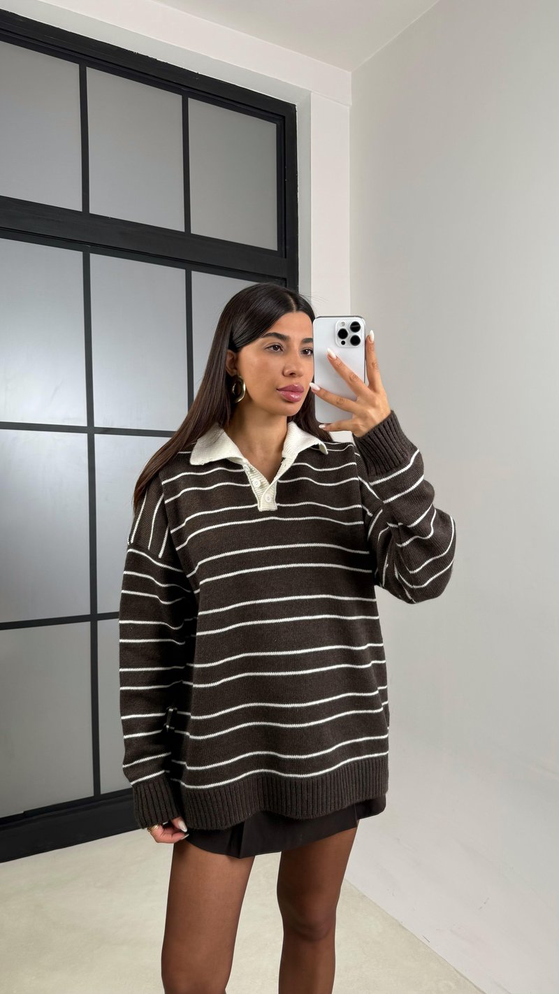 Kahve Polo Yaka Beyaz Çizgili Triko Kazak GAUS-00601