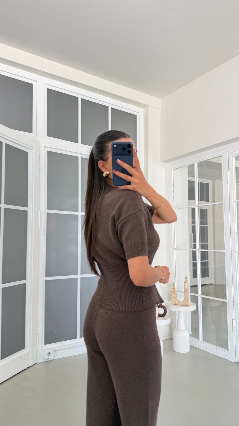 Kahve Çift Fermuarlı Bluz Beli Lastikli Pantolon İkili Triko Takım GAUS-01902